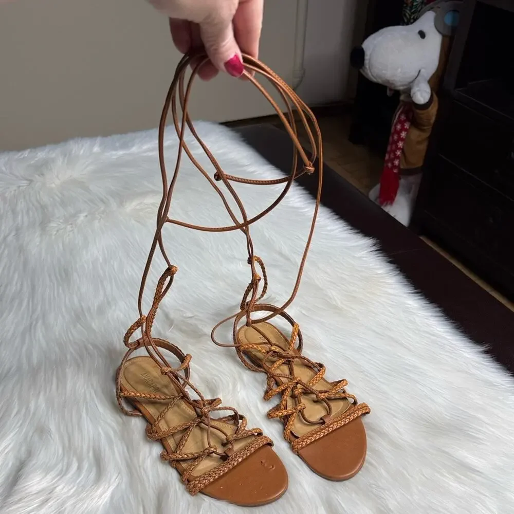 Anacapri Tan Braided Leather Ankle Wrap Gladiator Sandals